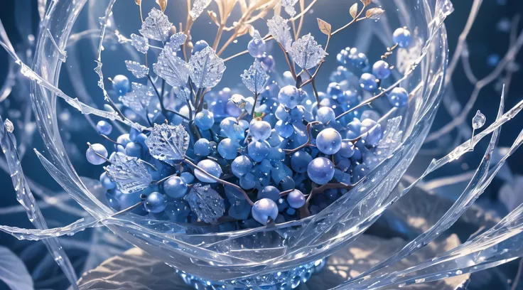 (Best quality at best, 超詳細, actual: 1.37, The vines are covered with countless crystal fruits, magical plant on the vine, Complicated details), light blue and white, Amazing lighting, Artistic shooting, closeup cleavage