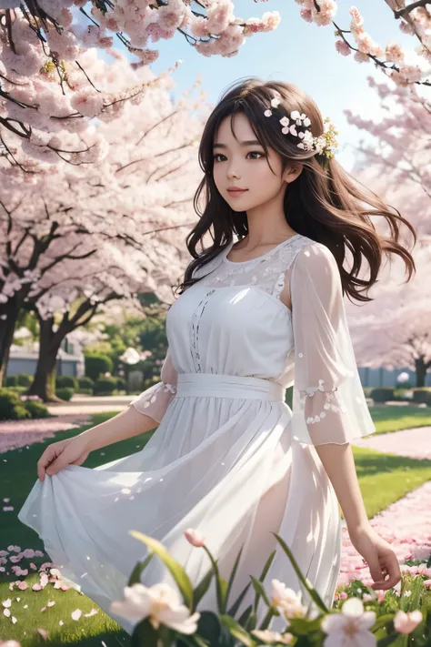 A girl in a garden, beautiful detailed flowers blooming in vibrant colors, soft sunlight illuminating the scene, gentle breeze swaying the petals gracefully, fresh green grass carpeting the ground, delicate cherry blossoms falling like confetti, birds chir...