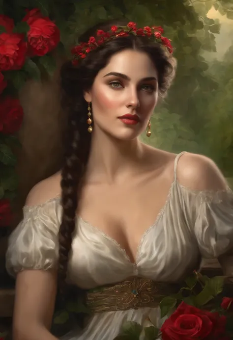 Best quality, masterpiece, ultra high resolution, baroque painting of a woman with very beautiful round face, long cascading black hair, green eyes, detailed eyes and face, Victorian era red dress, background Greek columns in a garden with flowers, dynamic...