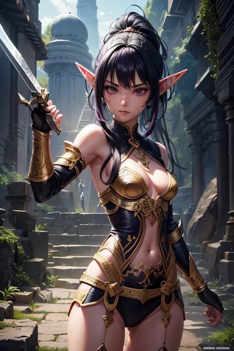 young teen girl, ancient elf warrior, long pointy ears, black skin, short purple hair, sexi, small breasts, ancient elf armor and accesories, wielding a sword, highly detailed, vibrant appearance, creative behavior, extremly detailed, imaginative, sensual,...