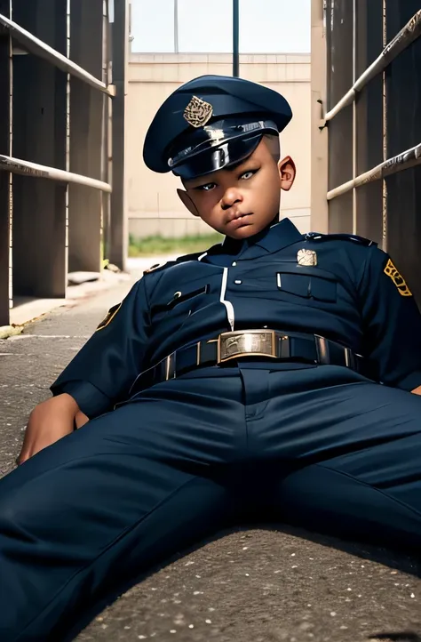 12 years old male boy, serious face, detail police uniform, wear cap, Shaved head faded sides lying down, leg open widely, look on uniform belt trouse, REALISTIC, dirty prison background, urine on ground, whip butt, closer look on belt, view from bottom, v...