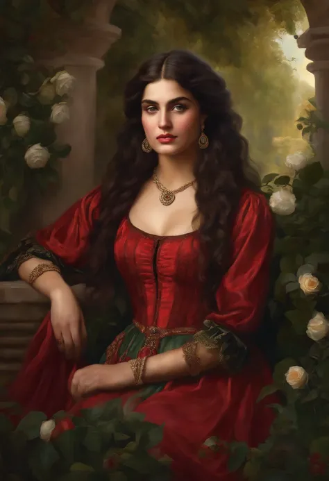 Best quality, masterpiece, ultra high resolution, baroque painting of a gypsy woman with a very beautiful round face, delicate, slightly plump and perfect lips, ((gypsy of rare beauty, goddess of perfection, the most beautiful woman in the world)) , long c...