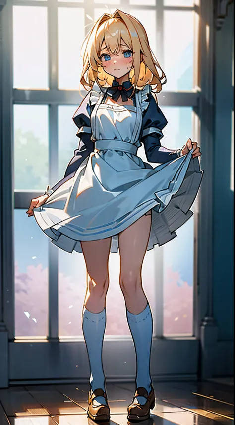 anime styled, The ultra -The high-definition, alice in the wonderland, Super cute girl, a blond, long, shame, peeが出てしまって恥ずかしくて泣きそうな顔, light blue fluttering short dress, frilldの付いた白いエプロンスカートを重ねる, frilld, B-cup breast, Light blue fluttering mini skirt, 靴下はつま...