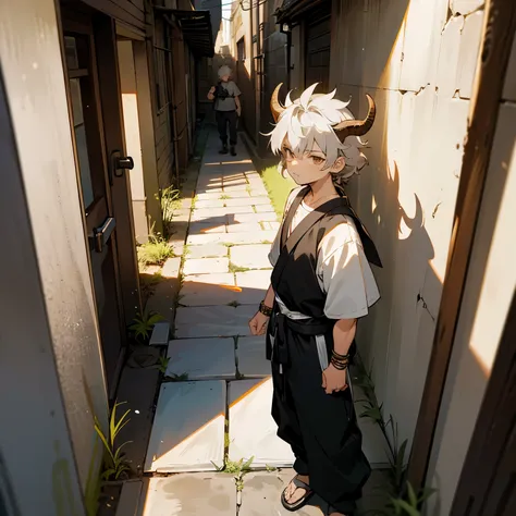 1male , Young Male , Child Male , Muscular , Light Grey Hair , Hazel Brown Eyes , Ox Horns , Serious Expression , Gon Hair , Messy Hair ,White Martial Arts Clothing, Standing in alleyway , Sunny Day , Baggy Black Pants , Bracelets