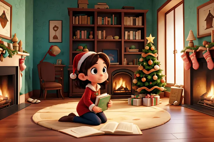 Christmas theme：1.37,Girl in library with books and fireplace, Comfortable wallpaper, background artwork, concept art by disney,