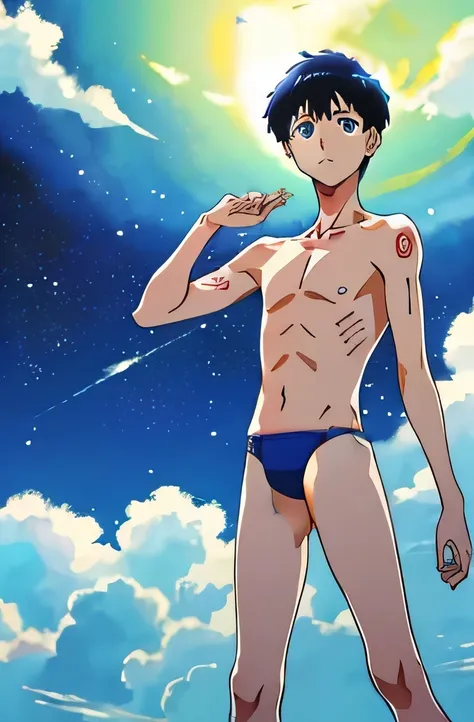 draw face of anime boy with short hair and blue eyes, shinji, shinji ikari, from evangelion, in the anime film,, todays featured anime still, still from tv anime, anime movie screenshot, in a anime masterpiece, kentaro miura! wearing underwear