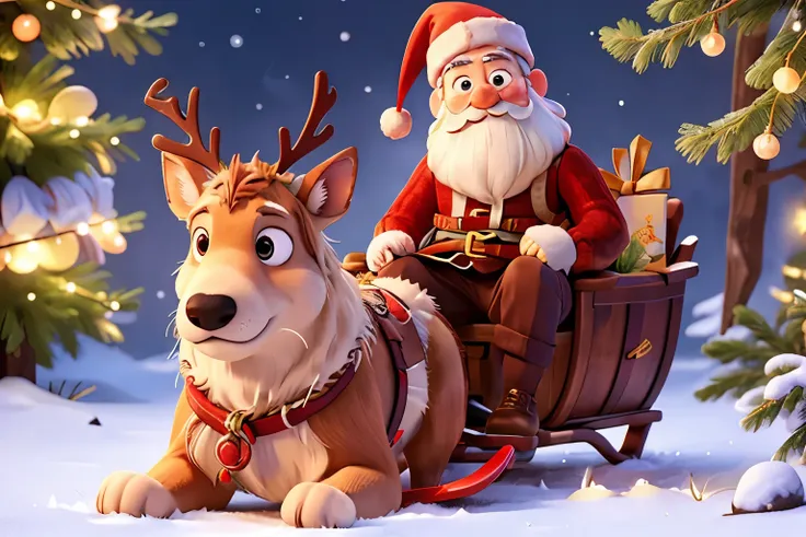 christmas theme,santa claus sits on a sleigh。reindeer sledding。there are a lot of gifts。