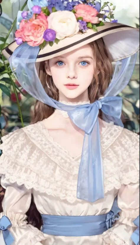 Royal era noble girl, wearing a white dress with a blue ribbon, Brown hair, blue eyes, wearing a hat