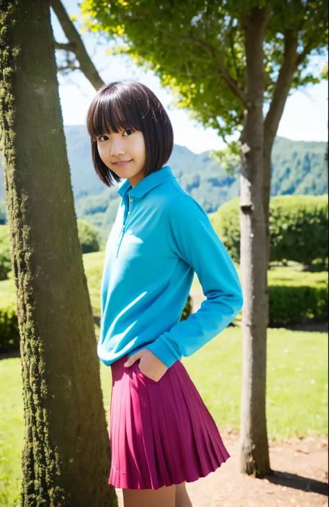 sally acorn, 1girl in, solo, tree, skyporn, outdoors, skirt, cloud, brown, hair, sunset, lens, f lare, scenery, school, uniform,...