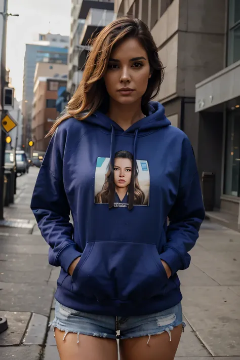 create a realistic woman who is wearing a hoodie