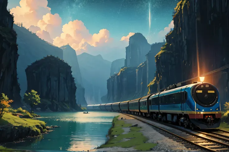 高品质的tmasterpiece，scenecy，Cartoon train passing through a body of water above the starry sky on the right side of the track。BREAK BREAK BREAK Romantic Train，pixiv，concept-art，lofi art风格，rethink。Screenwriter Xin Haicheng， lofi art， beautiful anime sceneREAK ...