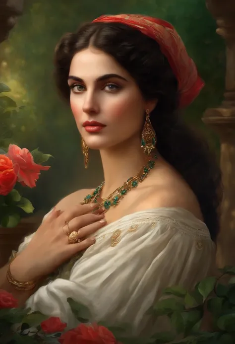 Best quality, masterpiece, ultra high resolution, baroque painting of a gypsy woman with a very beautiful round face, delicate, slightly plump and perfect lips, ((gypsy of rare beauty, goddess of perfection, the most beautiful woman in the world)) , long c...