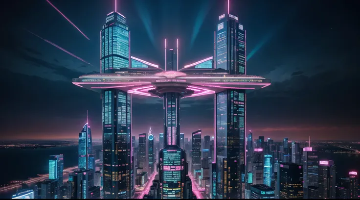 (Aerial,futuristic,fuchsia cyberpunk,panoramic vista) cityscape,skyscrapers,towering buildings,surrounded by a beautiful lake,illuminated by the night sky.  central building, resembling a flower blossom, majestically stands in the center. (Glowing:1.1) neo...