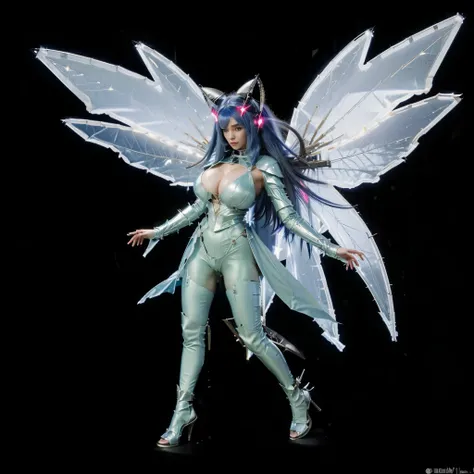 (Huge boobs:1.3), antennae, long straight hair, blue hair, full body, armoured