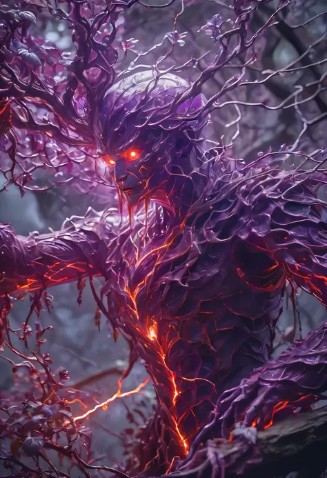 Magic plantloody Oni Vine from the abyss, Oni Vine,Blood-red vines stare at the dead，carismatic，Incredible，terror，(Wrapped purple magic lightning:1.5), epic magic power, The vines shine brightly, Electric Power Branch, epic thunderstorm, terror冲击, Surreal,...