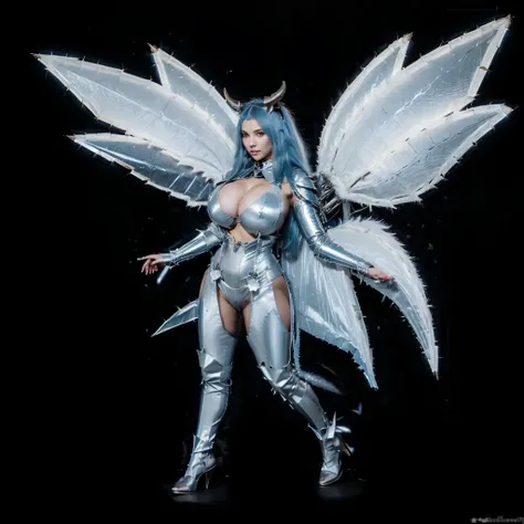 (Huge boobs:1.5), horns, long straight hair, blue hair, full body, armoured