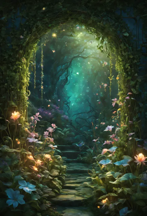 In a mystical garden, an enchanting array of magical plants flourishes, each one imbued with otherworldly properties and ethereal beauty. Luminescent flowers emit a soft, iridescent glow, while shimmering vines weave intricate patterns through the air, hig...