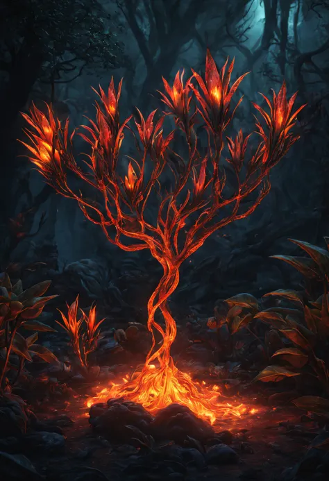 Magical Flame Magic Alien Plants,best quality,highres,masterpiece:1.2,ultra-detailed,realistic:1.37,horror,flaming magic,otherworldly plants,burning flames,luminous foliage,enchanted garden,mystical atmosphere,sinister shadows,haunting beauty,eerie glow,in...