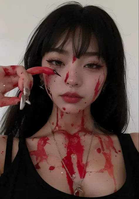 Mujer arafed con sangre en la cara sosteniendo unas tijeras delante de la cara., cruel korean goth girl, sangriento, sangriento face, Cara limpia y de sangre brutal, Horror aesthetics, ulzzang, sangre en la ropa y la cara, brutal sangriento and sluty make ...