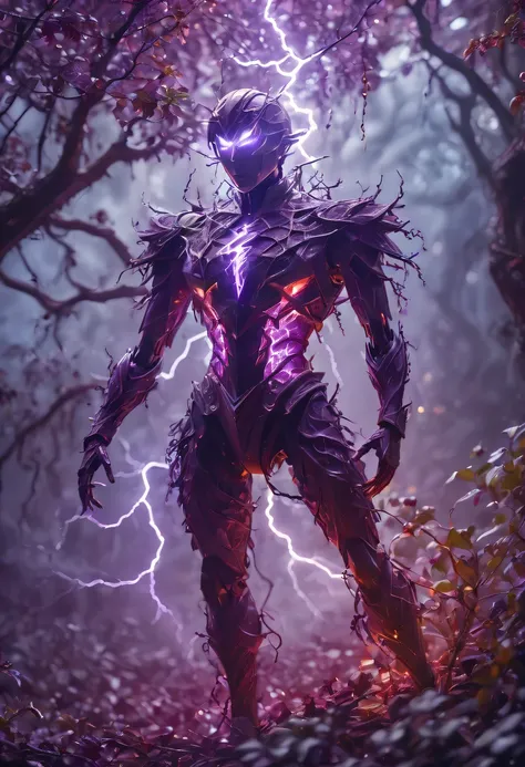 Magic plantloody Oni Vine from the abyss, Oni Vine,Blood-red vines stare at the dead，carismatic，Incredible，terror，(Wrapped purple magic lightning:1.5), epic magic power, The vines shine brightly, Electric Power Branch, epic thunderstorm, terror冲击, Surreal,...