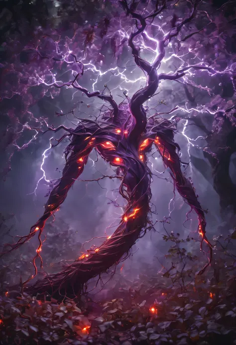 Magic plantloody Oni Vine from the abyss, Oni Vine,Blood-red vines stare at the dead，carismatic，Incredible，terror，(Wrapped purple magic lightning:1.5), epic magic power, The vines shine brightly, Electric Power Branch, epic thunderstorm, terror冲击, Surreal,...