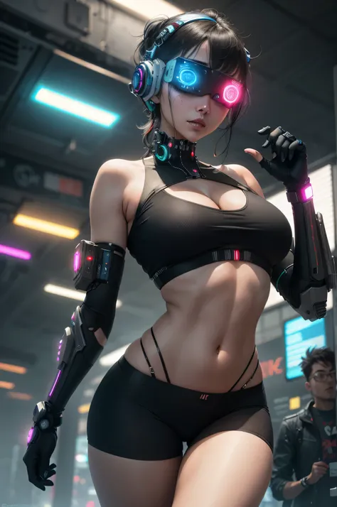 beautiful cyberpunk girl wearing a A futuristic head mounted display,  (delicate skin), pale-skinned, (in a deep neckline highly detailed sexy A futuristic cyberpunk black crop top and underpants made of circuit boards, Cybernetics, Japanese words with a f...