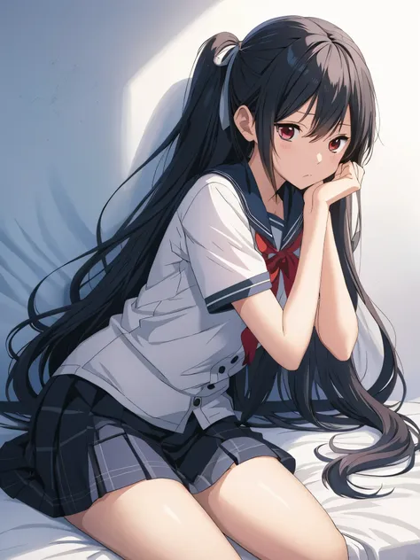 animemanga girl with long black hair sitting on a bed, animemanga girl with long hair, beautiful anime high school girl, ilya ku...