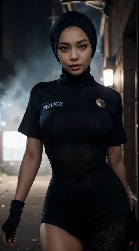 masterpiece, Best Quality, hight resolution, 1 malay girl in hijab, Solo, hijab, Blue eyes, Black Gloves, sexy exposed Police Uniform, police badges, black tight lace short pants, Short sleeves, Close up Shot, dark alley background, nighttime, a lot of smo...