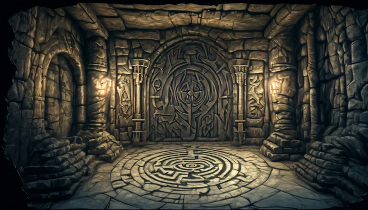 (Arthur Rackham style). ((labyrinthian dungeon from Skyrim)). (masterpiece), ((best quality)), extremely delicate and beautiful, illustration, 8K post-production, high resolution, hyperdetailed, depth of field, HDR, intricate