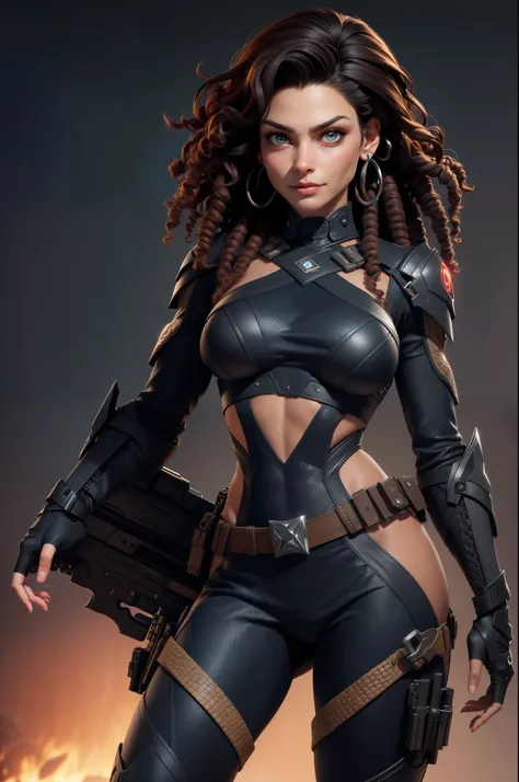 High Quality ultra realistic image of a woman.  The woman is a mixture of taino and reptilian.  Strong features, fair skin.  Dark brown curly hair, dark eyes.  The woman is dressed in semi-futuristic combat attire.  She has guns and knives strapped around ...