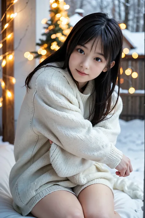 (Best Quality,4K,hight resolution,masutepiece:1.2),Realistic,Christmas,girl (15 years old),Hugging a big teddy bear、(fullnude)、backshots、Looking up at the night sky、a closeup,Snow falling in the background,Winter wonderland,Magical atmosphere,Soft lighting...