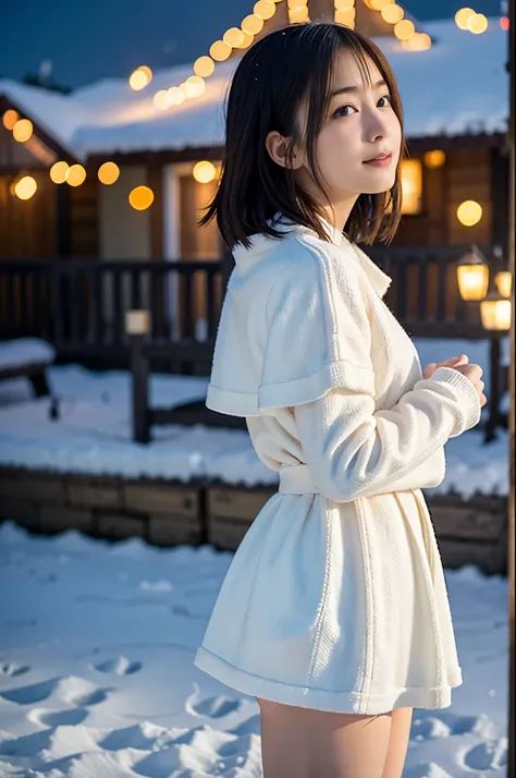 (Best Quality,4K,hight resolution,masutepiece:1.2),Realistic,Christmas,girl (15 years old),Hugging a big teddy bear、(fullnude)、backshots、Looking up at the night sky、a closeup,Snow falling in the background,Winter wonderland,Magical atmosphere,Soft lighting...