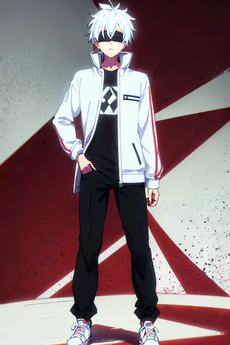 quality, anime style, white hair, blindfolded eyes, white jacket, shirt behind black jacket, black jeans, red sneakers, game room background.