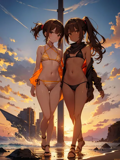 Young, pretty, animated sisters., dark hair, dark eyes, jitters, sleepy eyes, ((brown skin: 1.6)), big eyes, (short ponytail: 1.4), asymmetrical bangs, hair over one eye, fringe, earrings, slender, flat chest, short height, detailed anime style, anime Pain...