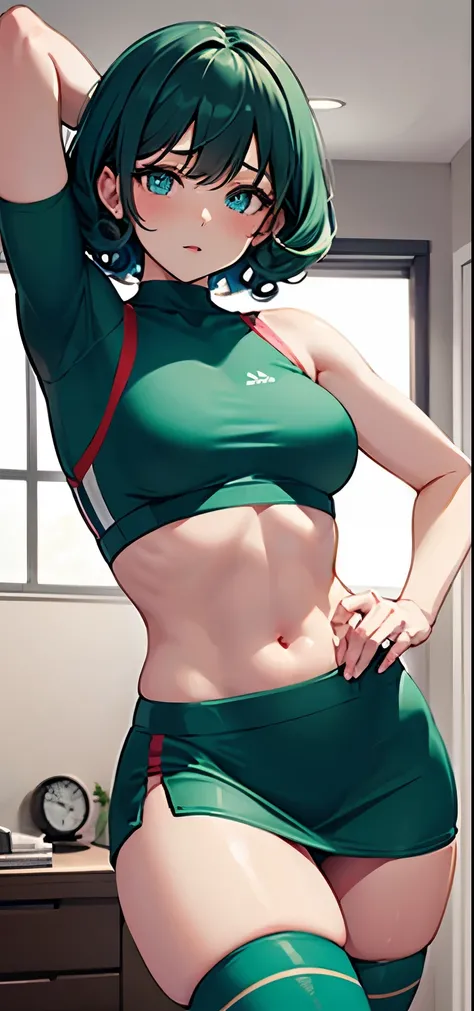 1 girl, solo, anatomically correct, short hair, curly hair, intense curls, cyan colour hair, green hair, beautiful blue eyes, medium sized boobs, small waist, wide hips, hourglass figure, Juicy thighs, wearing a short sports bra, side boob, turtle neck spo...