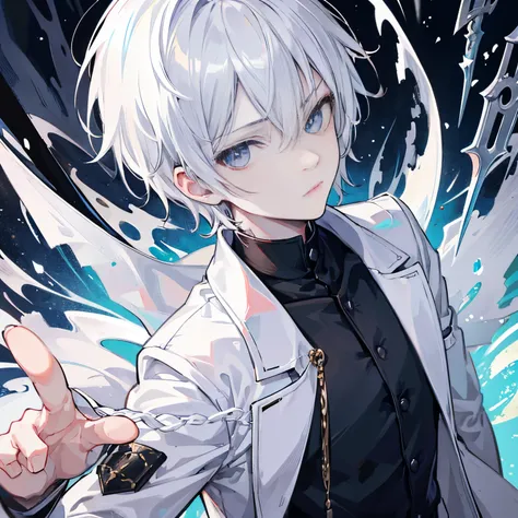 1boy, Extremely detailed, Realistic, masutepiece, High resolution, tall, slender, Sharp face, Sharp eyes, White coat, short white hair, white ghostly eyes, Black shirt, White pants, in woods, cold stare, Looking at Viewer, Dagger in hand