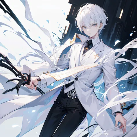 1boy, Extremely detailed, Realistic, masutepiece, High resolution, tall, slender, Sharp face, Sharp eyes, White coat, short white hair, white ghostly eyes, Black shirt, White pants, in woods, cold stare, Looking at Viewer, Dagger in hand