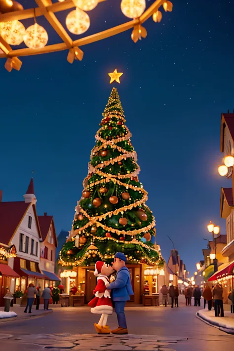 Picture a charming Disney cityscape transformed into a winter wonderland for the holidays. Iconic Disney characters stroll through cobblestone streets adorned with festive decorations. Snowflakes gently fall as colorful lights illuminate storefronts, casti...