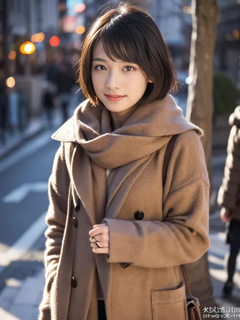 Photorealsitic, 8K, Full body portrait, Beautuful Women, A charming expression, Shorthair, sixteen years old, TOKYOcty, Winters, Shibuya in the background