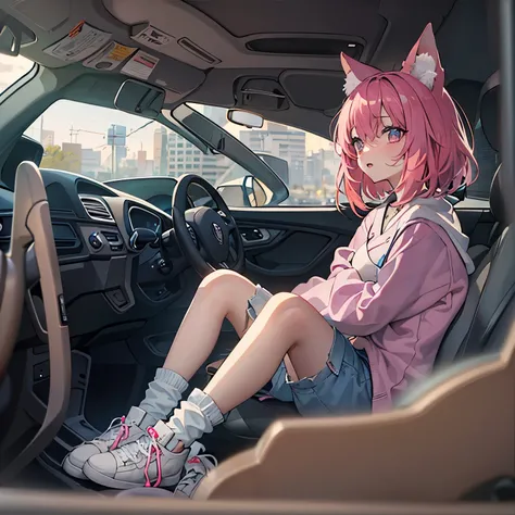 A pink-haired，short hair in front，Long hair at the back，pink wolf ears，Pink eyelack cloathlack over-the-knee socks，girl in pink sneakers，Sit in the car。In a Japanese anime style，cglevel 4k，，level