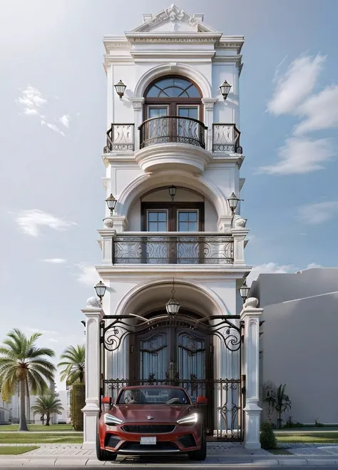 Architectural masterpiece, best quality, 16k image, classic architecture, white painted walls, car parked in front yard, arched door, artistic iron railing, arched door, wall lamp, best quality, detail most detailed, trees tropical,3d max rendering