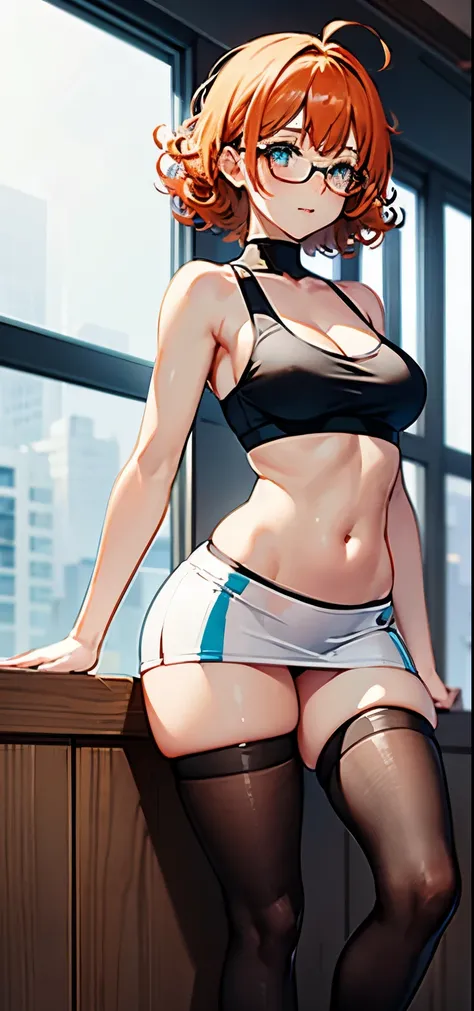 1 girl, solo, anatomically correct, short hair, messy hair, very curly hair, very messy hair, orange hair, beautiful blue eyes, nerdy glasses, medium sized boobs, small waist, wide hips, hourglass figure, Juicy thighs, wearing a short sports bra, sideboob,...