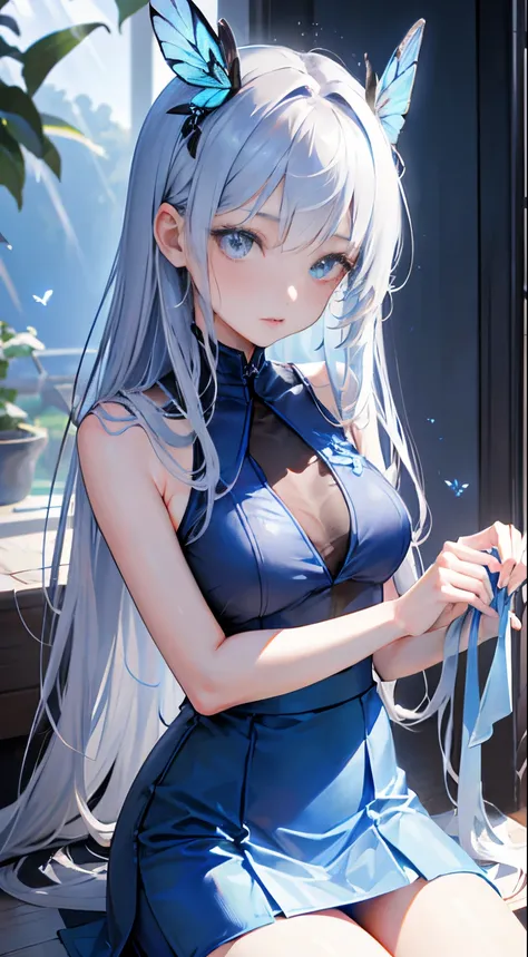 8K分辨率，Sophisticated features，face perfect，Glowing skin，high detal，blueskirt，Long grey hair，Stare at the blue blue butterfly，Raised sexy，plumw，Upright_straddle，Sun Rays，Eau，Side