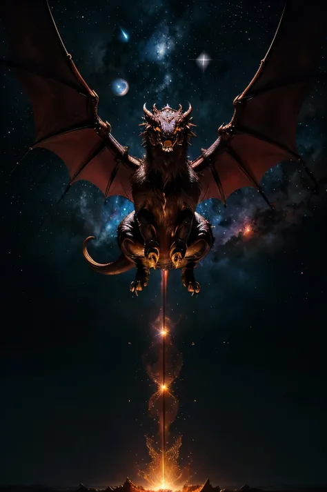 "a majestic cosmic golden eastern dragon with crimson red eyes, gracefully floating through the endless expanse of black space filled with stars, radiating a magnificent but OMINOUS aura".