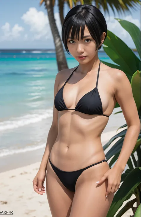 ((Best Quality, 8K)), Beach, Beautiful Girl, Cinema Lighting, Idol, Japan Person, Looking, Black Eyes, Small, Black Hair, Short Hair, No Makeup, Detailed Skin, Sexy, Sucking Banana, Cute Face, Detailed Eyes, Bikini, Background Blur