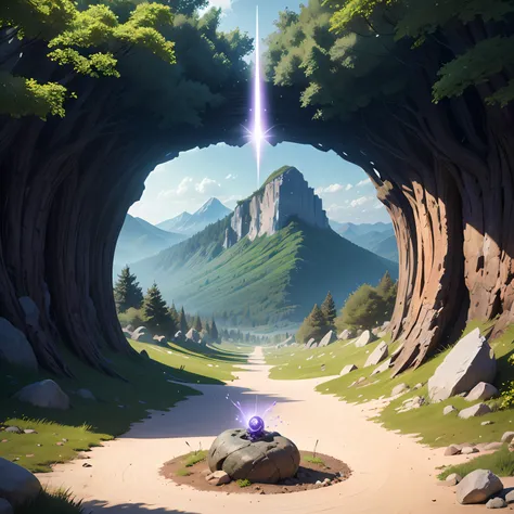 fork in Ground path made of stones in the middle of a forest with a mountain in the background. In the center of the fork, partially buried, the giant skull is a giant sword. In the two paths, floating in the air, two slit shaped portals to a parallel real...