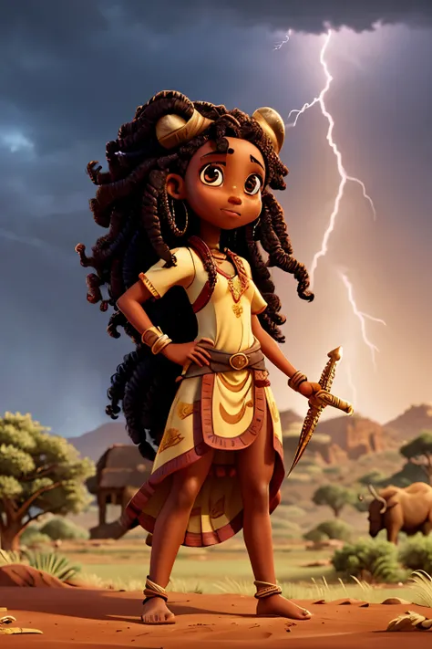 African girl, long hair, hair, curly hair, African warrior, horn in hair, sword up in hand, barefoot, landscape lightning and thunder, storm, African dress, buffaloes around, red ground, butterflies