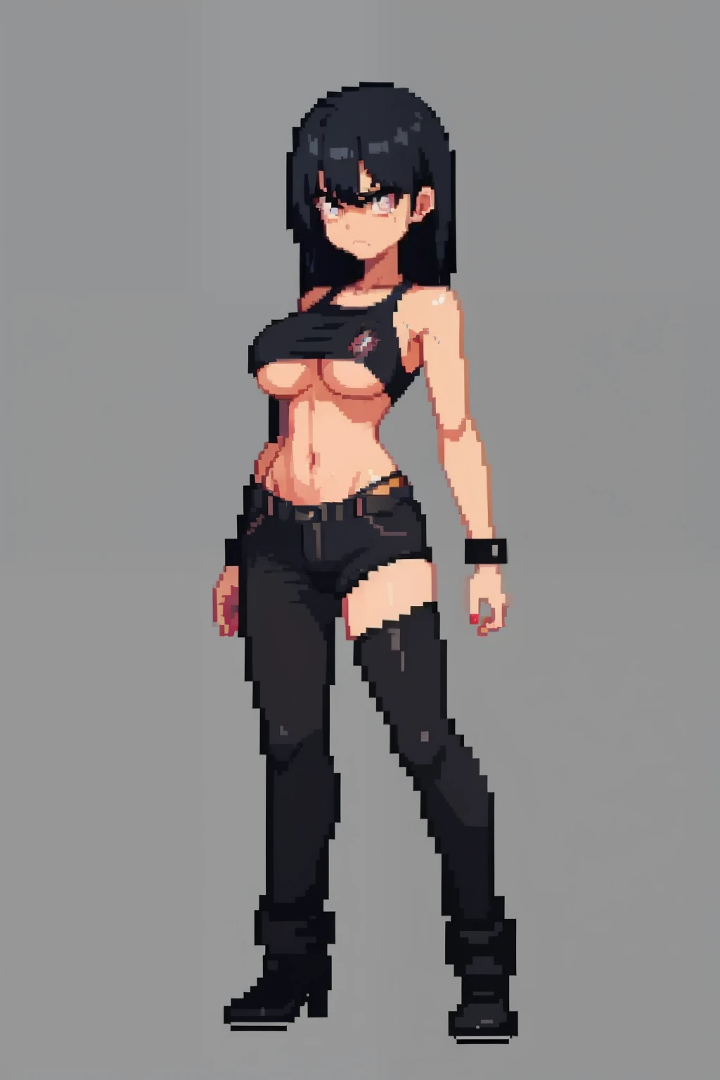 1girl, black hair, love eyes, medium boobs, ragged clothes, prostitute, full body, angry aura,(pixel, pixel art)