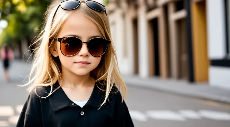 CHILD blonde girl with sunglasses and a black shirt posing for a photo, wearing sunglasses espelhados, with sun glasses, with sun glasses, wearing sunglasses frescos, mirror masks, with sun glasses mirrorshades, sunglasses on, wearing gold glasses, cool su...