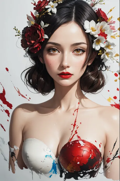 mixed media, oil painting, pen and ink, alcohol ink, white background, perfect double exposure technique, hyperdetailed, intricate, elegant lady, red lips, flowers, Callygraphy, lettering, script, thick Brushstrokes, palette-knife, smudge, splashes and spl...